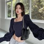 Lantern-sleeve Striped Cropped Top