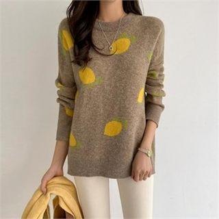 Drop-shoulder Lemon Patterned Knit Top