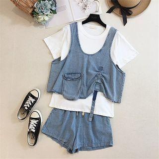 Set: Plain Short-sleeve T-shirt + Denim Vest + Wide-leg Shorts