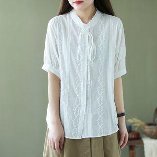 Short-sleeve Tie-neck Floral Embroidered Blouse Off-white - One Size
