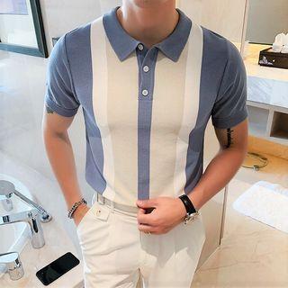 Short-sleeve Polo Neck Color Block Knit Top