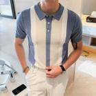 Short-sleeve Polo Neck Color Block Knit Top