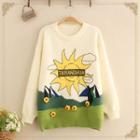 Sun Print Round Neck Sweater As Shown In Figure - One Size