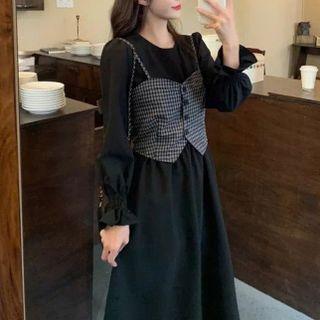Set: Long-sleeve Midi A-line Dress + Plaid Button-up Camisole Top