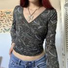 Floral Print V Neck Long Sleeve Skinny Top
