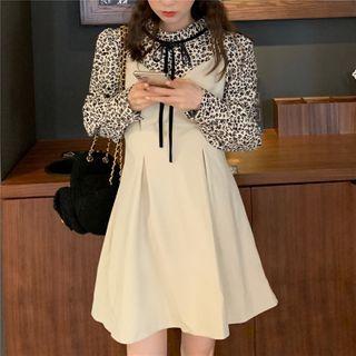 Long-sleeve Floral Print Panel Mini A-line Dress