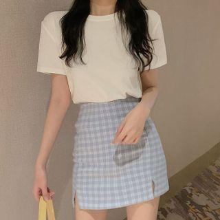 Plain T-shirt / Plaid Mini Pencil Skirt / Set