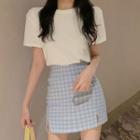 Plain T-shirt / Plaid Mini Pencil Skirt / Set