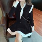 Set: Tie-neckline Colorblock Knit Shirt + Mini Skirt