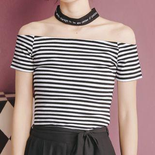Choker Neck Striped Off-shoulder Short-sleeve T-shirt