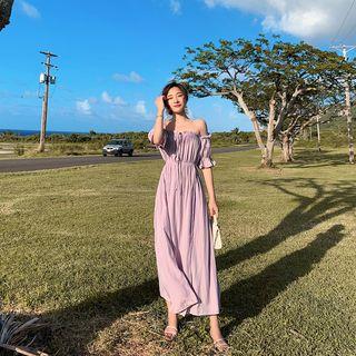Elbow-sleeve Off-shoulder Midi A-line Dress