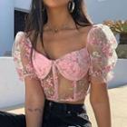 Floral Embroidered Mesh Crop Top