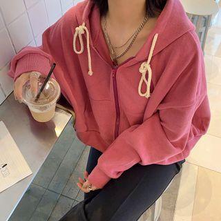 Long-sleeve Plain Drawstring Hooded Zip Jacket