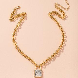 Lock Rhinestone Pendant Alloy Necklace Gold - One Size