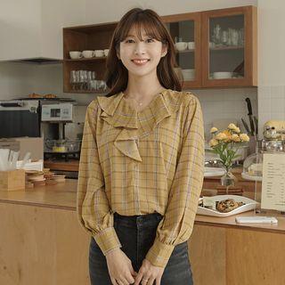 Ruffle-collar Balloon-sleeve Checked Blouse