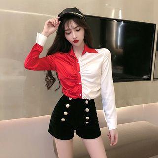 Two-tone Shirt / High-waist Buttoned Shorts
