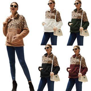 Leopard Print Panel Half-zip Fleece Sweatshirt