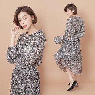 Long-sleeve Floral-print Midi A-line Dress 05 - Blue Black - One Size