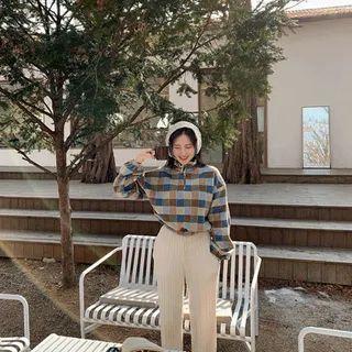 Plaid Crop Anorak Pullover Blue - One Size