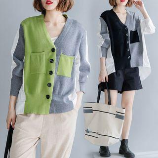 Color Block Panel V-neck Knit Jacket