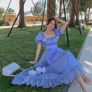 Puff-sleeve Flower Accent A-line Dress