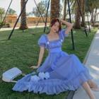 Puff-sleeve Flower Accent A-line Dress