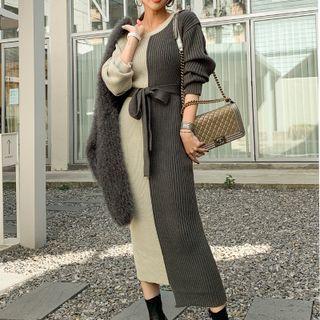 Tie-waist Two-tone Midi Sheath Sweater Dress Dark Gray & Light Green - One Size