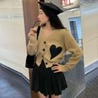 Heart Print Cardigan / Pleated Mini A-line Skirt
