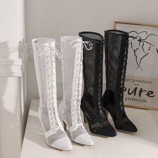 High Heel Lace-up Mesh Tall Boots