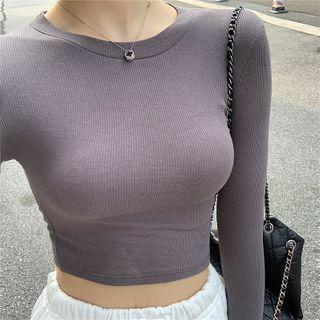 Plain Long-sleeve Slim-fit Crop Top