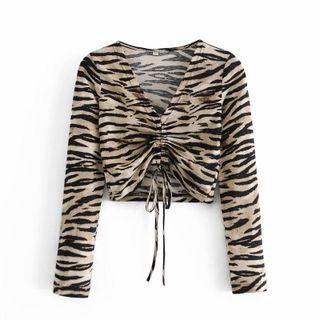 Zebra Print Drawstring Long-sleeve Crop Top