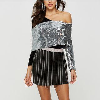 Off-shoulder Sequined Long-sleeve Top