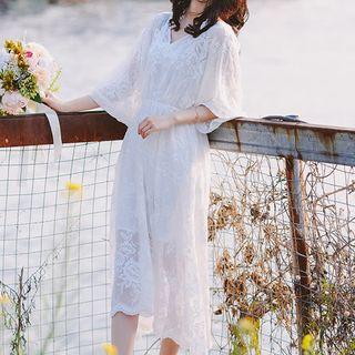Set: Slipdress + Embroidered 3/4-sleeve Midi Chiffon Dress