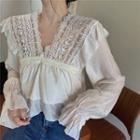 Frill Trim Lace Panel V-neck Cropped Blouse White Shirt - One Size