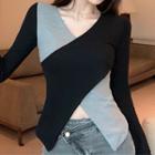 Long-sleeve Two Tone Top Black & Gray - One Size