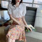 Balloon-sleeve Blouse / Floral Print Midi A-line Skirt / A-line Dress / Set