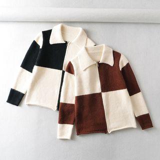 Long Sleeve Color-block Zip-up Knit Jacket