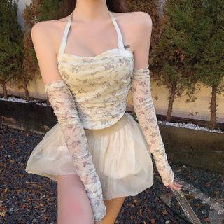 Floral Print Halter Top / A-line Mesh Skirt