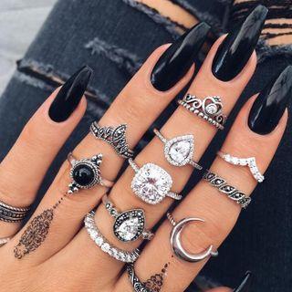 Set Of 10 : Rhinestone Alloy Ring (assorted Designs) Set Of 10 - Silver - One Size
