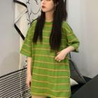 Striped Elbow-sleeve Oversize T-shirt
