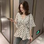 Balloon-sleeve V-neck Dotted Peplum Blouse