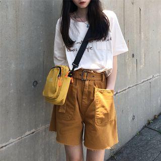 Set Of 2: Lettering Print Elbow-sleeve T-shirt / Cargo Shorts With Belt