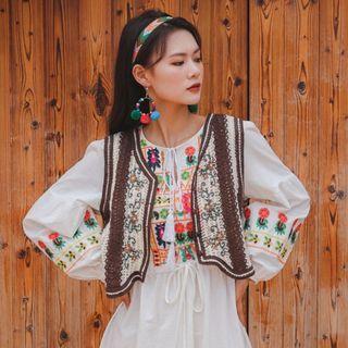 Sleeveless Embroidered Knit Vest Brown - One Size