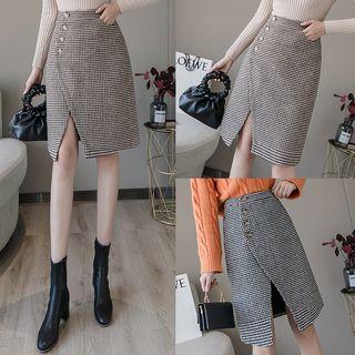 High-waist Houndstooth Split Hem Skirt