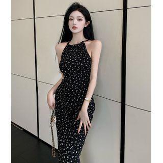 Side-slit Floral Midi Halter Dress