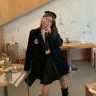 Blazer / Tie Neck Shirt / Mini A-line Pleated Skirt