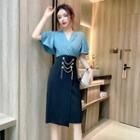 V-neck Two-tone Panel Midi Sheath Dress