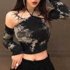 Cold-shoulder Long-sleeve Tie-dyed T-shirt