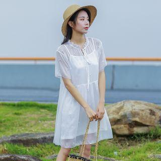 Set: Slipdress + Short-sleeve Embroidered A-line Dress