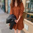 Long-sleeve Tiered Mini Shift Dress Brown - One Size